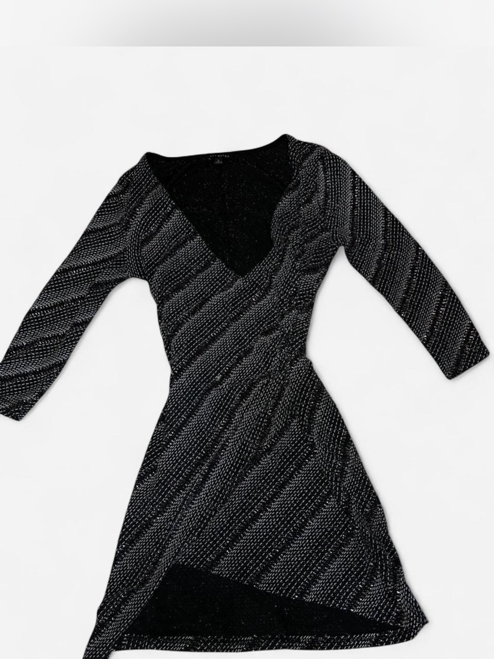 Black sequin mini dress with 3/4 length sleeves - Women's Stylish V-Neck